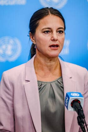 August 18, 2026, New York, New York, United States: Close up of SANDRA JENSEN LANDI, Deputy Permanent Representative of Denmark to the United Nations, as she delivers a joint statement at the UN Security Council stakeout on behalf of Council signatories to the Joint Pledges on Climate, Peace and Security, including Colombia, Denmark, France, Greece, Latvia, Liberia, Panama and the United Kingdom, ahead of a Security Council meeting on the situation in Libya, at UNHQ. New York United States - ZUMAo116 20260818_znp_o116_039 Copyright: xBiancaxOterox