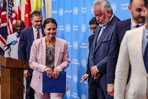 August 18, 2026, New York, New York, United States: SANDRA JENSEN LANDI, Deputy Permanent Representative of Denmark to the United Nations, leaves after making a joint statement at the UN Security Council stakeout on behalf of Council signatories to the Joint Pledges on Climate, Peace and Security, including Colombia, Denmark, France, Greece, Latvia, Liberia, Panama and the United Kingdom, ahead of a Security Council meeting on the situation in Libya, at UNHQ. New York United States  - ZUMAo116 20260818_znp_o116_042 Copyright: xBiancaxOterox