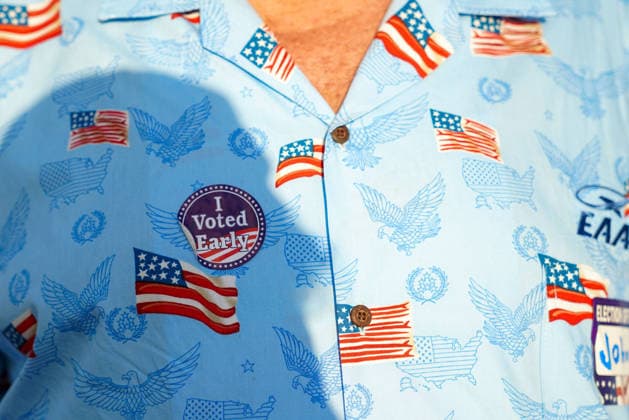 August 18, 2026, New Port Richey, Florida, USA: A voting sticker is pictured on a shirt printed with flags and eagles as polls open for the Florida primary at the County Gulf Harbors Civic Association. New Port Richey USA - ZUMA7_Pr 20260818_mda_s70_552 Copyright: xMarthaxAsencio-Rhinex