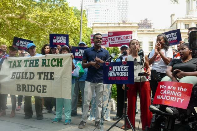 Tax the Rich Protest New York, NY- August 18: Tax the Rich Rally for the Pied-Ã -Terre Tax at City Hall in Manhattan, New York prior to the City Council hearing about the Pied-Ã -Terre tax on August 18, 2026 Credit: Camara Porter AdMedia EDITORIAL USE ONLY  Copyright: xx CamaraxPorterx xAdMediax admphotosthree011965