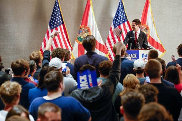 August 18, 2026, Tampa, Florida, USA: Florida Republican primary gubernatorial candidate James Fishback speaks to voters, while they chant his name during a watch party at the Hilton Tampa Airport Westshore on Tuesday, Aug. 18, 2026, in Tampa. Tampa USA - ZUMAs70_ 20260818_zan_s70_128 Copyright: xJeffereexWoox