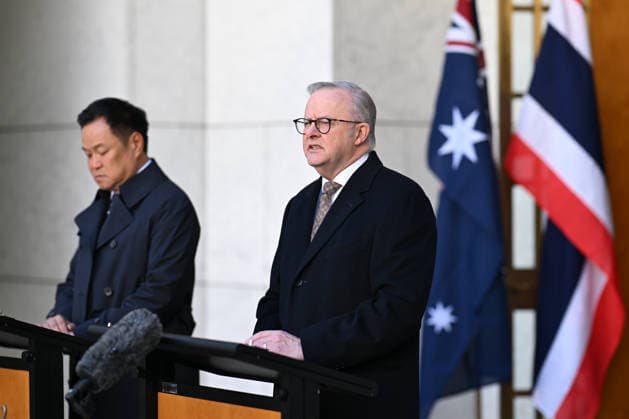 ANUTIN CHARNVIRAKUL AUSTRALIA VISIT, Australian Prime Minister Anthony Albanese and Prime Minister of Thailand Anutin Charnvirakul deliver a press statement at Parliament House, in Canberra, Wednesday, August 19, 2026. ( NO ARCHIVING CANBERRA AUSTRALIAN CAPITAL TERRITORY AUSTRALIA  Copyright: xLUKASxCOCHx 20260819179900067394