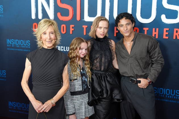Actors Lin Shaye (L), Island Austin (2-L), Amelia Eve (C), and Brandon Perea pose on the red carpet for the movie ‘Insidious: Out of the Further’ in Los Angeles, USA, 18 August 2026. Insidious: Out of the Further Red Carpet Event in Los Angeles !ACHTUNG: NUR REDAKTIONELLE NUTZUNG!  Copyright: xOmarxAlonsox AME419 20260819-55021175470_1