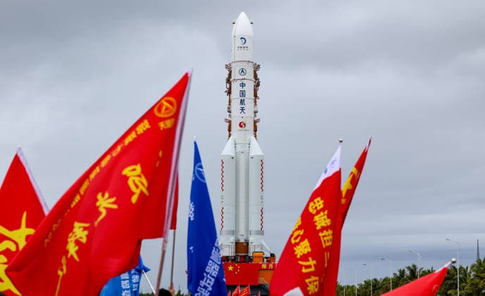 (260819) -- WENCHANG, Aug. 19, 2026 -- This photo taken on Aug. 19, 2026 shows the combination of the Chang e-7 lunar probe and the Long March-5 Y14 carrier rocket being transferred vertically to the launching area at the Wenchang Spacecraft Launch Site in south China s Hainan Province. The Chang e-7 lunar probe is scheduled for launch at an appropriate time, according to the China Manned Space Agency (CMSA). The combination of the Chang e-7 lunar probe and the Long March-5 Y14 carrier rocket was transferred vertically on Wednesday to the launching area at the Wenchang Spacecraft Launch Site in south China s Hainan Province, the CMSA said. The lunar probe and rocket had arrived at the launch site in April and July, respectively, and 