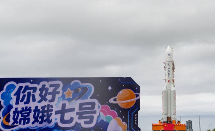 (260819) -- WENCHANG, Aug. 19, 2026 -- This photo taken on Aug. 19, 2026 shows the combination of the Chang e-7 lunar probe and the Long March-5 Y14 carrier rocket being transferred vertically to the launching area at the Wenchang Spacecraft Launch Site in south China s Hainan Province. The Chang e-7 lunar probe is scheduled for launch at an appropriate time, according to the China Manned Space Agency (CMSA). The combination of the Chang e-7 lunar probe and the Long March-5 Y14 carrier rocket was transferred vertically on Wednesday to the launching area at the Wenchang Spacecraft Launch Site in south China s Hainan Province, the CMSA said. The lunar probe and rocket had arrived at the launch site in April and July, respectively, and 