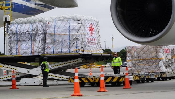 (260819) -- BOGOTA, Aug. 19, 2026 -- Staff members unload humanitarian earthquake relief supplies provided by the Chinese government at an airport in Bogota, Colombia, Aug. 18, 2026. Humanitarian earthquake relief supplies provided by the Chinese government arrived in Bogota on Tuesday to support Colombia s disaster response and post-disaster reconstruction efforts. ) COLOMBIA-BOGOTA-CHINA-EARTHQUAKE RELIEF ASSISTANCE-ARRIVAL LixZijian 