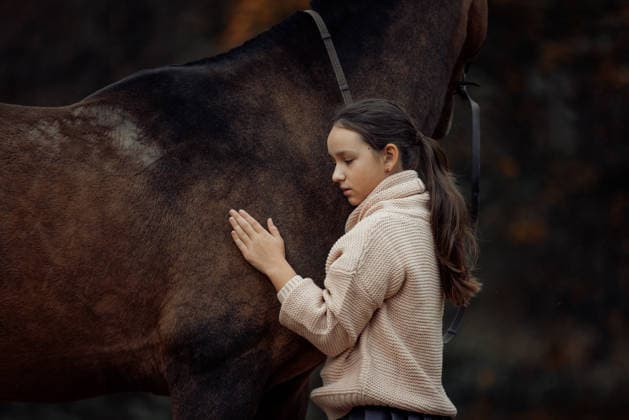 A young girl with a brown horse outdoors in an autumn forest Pushkino, Moscow Oblast, Russia CR_DGAM2608128C-2105217-01 ,model released, Symbolfoto ,property released