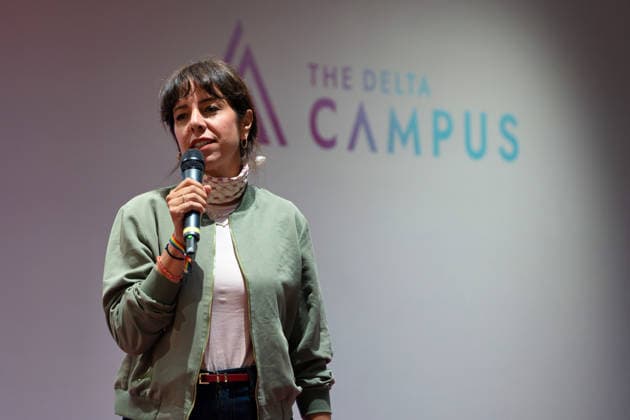Berlin,18.08.2026,Bitkom Policy Pitch zur Abgeordnetenhauswahl 2026 im Delta Campus Neukölln.Elif Eralp Spitzenkandidatin der Linken für die Abgeordnetenhauswahl 2026 *** Berlin, August 18, 2026—Bitkom Policy Pitch for the 2026 House of Representatives election at Delta Campus Neukölln; Elif Eralp, The Left’s top candidate for the 2026 House of Representatives election