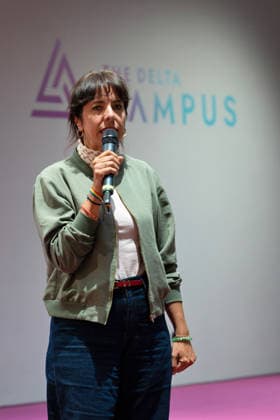 Berlin,18.08.2026,Bitkom Policy Pitch zur Abgeordnetenhauswahl 2026 im Delta Campus Neukölln.Elif Eralp Spitzenkandidatin der Linken für die Abgeordnetenhauswahl 2026 *** Berlin, August 18, 2026—Bitkom Policy Pitch for the 2026 House of Representatives election at Delta Campus Neukölln; Elif Eralp, The Left’s top candidate for the 2026 House of Representatives election