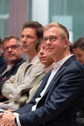 Berlin,18.08.2026,Bitkom Policy Pitch zur Abgeordnetenhauswahl 2026 im Delta Campus Neukölln.Werner Graf,Steffen Krach,Elif Eralp,Stefan Evers *** Berlin, August 18, 2026, Bitkom Policy Pitch for the 2026 House of Representatives election at Delta Campus Neukölln: Werner Graf, Steffen Krach, Elif Eralp, Stefan Evers