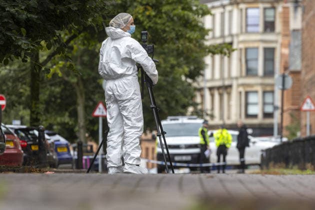 Two Deaths in Glasgow Police at an address in Chancellor Street, investigating the deaths of two men who were found seriously injured at about 16:40 on Sunday.  Copyright: xMichaelxSchofieldx NINTCHDBPICT001101977365
