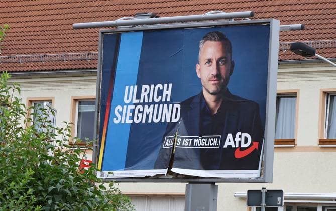 Wahlplakate 18.08.2026, Aschersleben, Wahlplakate zur Landtagswahl am 06.09.2026 in Sachsen-Anhalt im Bild: Grossflaechenplakat der AfD - Ulrich Siegmund *** Election Posters, August 18, 2026, Aschersleben: Posters for the state election on September 6, 2026, in Saxony-Anhalt. Pictured: A large-format poster for the AfD’s Ulrich Siegmund