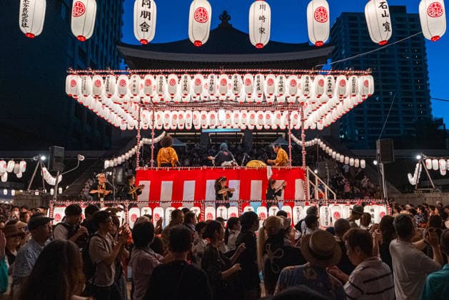 General view, August 19, 2026 - Participants dance around a yagura during the 54th Kitamido Bon Odori in Osaka, Japan. Held at Hongwanji Tsumura Betsuin (Kitamido), the annual summer festival brings together local residents and visitors for traditional Bon Odori, Kawachi Ondo performances, and evening festivities.  aflo_341483846