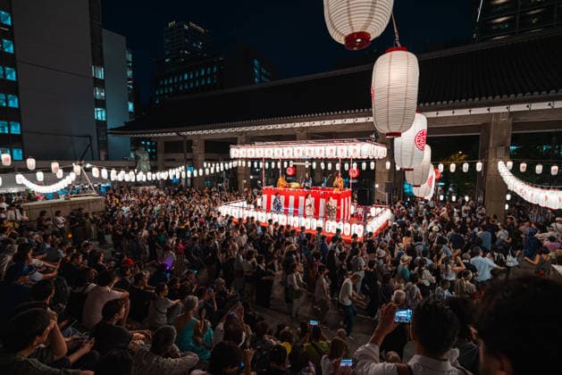 General view, August 19, 2026 - Participants dance around a yagura during the 54th Kitamido Bon Odori in Osaka, Japan. Held at Hongwanji Tsumura Betsuin (Kitamido), the annual summer festival brings together local residents and visitors for traditional Bon Odori, Kawachi Ondo performances, and evening festivities.  aflo_341483861