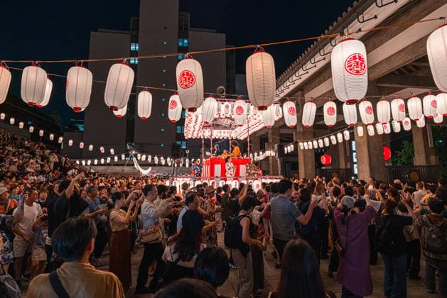 General view, August 19, 2026 - Participants dance around a yagura during the 54th Kitamido Bon Odori in Osaka, Japan. Held at Hongwanji Tsumura Betsuin (Kitamido), the annual summer festival brings together local residents and visitors for traditional Bon Odori, Kawachi Ondo performances, and evening festivities.  aflo_341483867