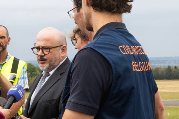 Minister of Interior Bernard Quintin talks to the press during a press conference regarding the fire sin the Hautes Fagnes (High Fens) nature reserve, on Wednesday 19 August 2026 in Spa. The fire started on August 14th and 3000 hectares (on a total of 4500) are impacted.  BRUNOxFAHY 183774302