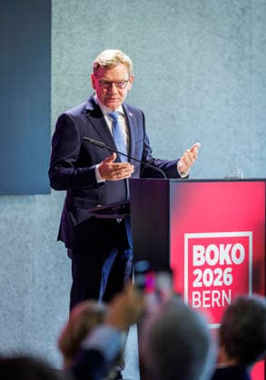 Johann Wadephul (CDU), Bundesaussenminister, aufgenommen im Rahmen seiner Reise in die Schweiz. Hier eine Rede auf der Botschafterkonferenz des Schweizer Aussenministeriums. Fotografiert im Auftrag des Auswaertigen Amtes Bern Schweiz *** Johann Wadephul, CDU, Federal Minister of Foreign Affairs, photographed during his trip to Switzerland. Here, he is delivering a speech at the Swiss Ministry of Foreign Affairs’ Ambassadors’ Conference. Photographed on behalf of the Federal Foreign Office in Bern, Switzerland. Copyright: xThomasxKoehlerx