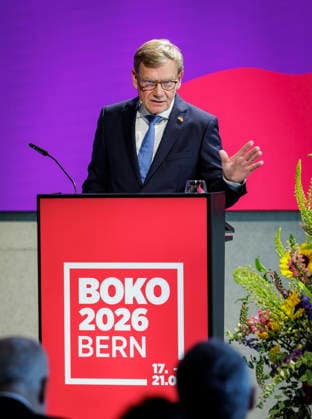 Johann Wadephul (CDU), Bundesaussenminister, aufgenommen im Rahmen seiner Reise in die Schweiz. Hier eine Rede auf der Botschafterkonferenz des Schweizer Aussenministeriums. Fotografiert im Auftrag des Auswaertigen Amtes Bern Schweiz *** Johann Wadephul (CDU), Federal Foreign Minister, photographed during his trip to Switzerland. Here he is delivering a speech at the Swiss Foreign Ministry’s Ambassadors’ Conference. Photographed on behalf of the Federal Foreign Office in Bern, Switzerland. Copyright: xThomasxKoehlerx