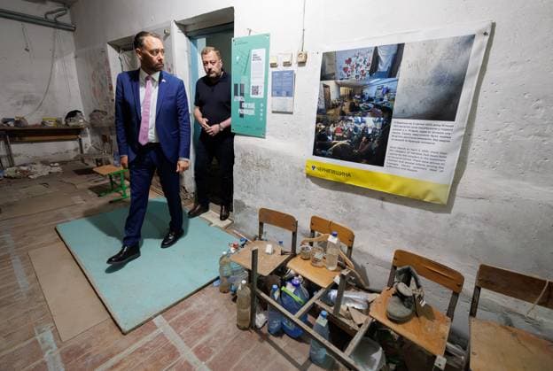 Vice-prime minister and Minister of Foreign Affairs Maxime Prevot pictured during a visit to Yahidne on Wednesday 19 August 2026, part of a visit of the Belgian Foreign Minister to Ukraine. The village was occupied during the Russian invasion of Ukraine in 2022.  BENOITxDOPPAGNE 183779037