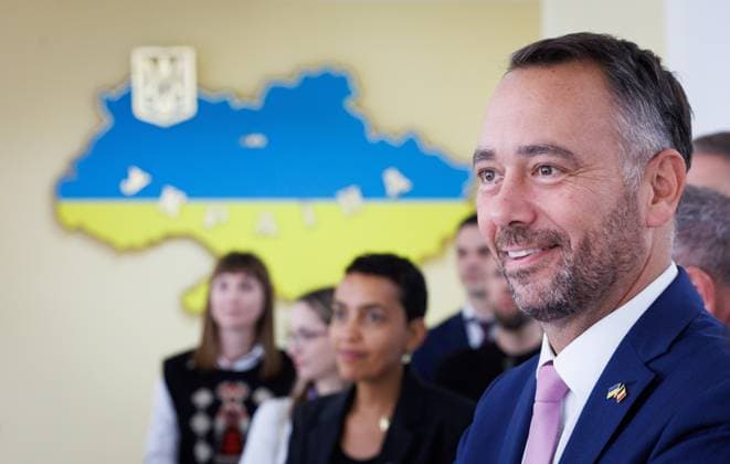 Vice-prime minister and Minister of Foreign Affairs Maxime Prevot pictured during a visit to the Lyceum in Novi Petrivtsi, Ukraine on Wednesday 19 August 2026, part of a visit of the Belgian Foreign Minister to Ukraine.  BENOITxDOPPAGNE 183781564