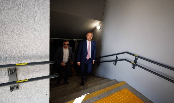 Vice-prime minister and Minister of Foreign Affairs Maxime Prevot pictured in new lyceum shelter during a visit to the Lyceum in Novi Petrivtsi, Ukraine on Wednesday 19 August 2026, part of a visit of the Belgian Foreign Minister to Ukraine.  BENOITxDOPPAGNE 183781868