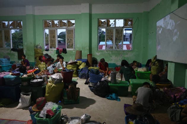 August 19, 2026, Ngathaingchaung, Ayeyarwady Division, Myanmar: Women and children, along with a few men, stay at a flood relief camp in Ngathaingchaung Township, Ayeyarwady Region..In Laymyethna Township, Ayeyarwady Region, the Ngawun River embankment collapsed on July 31, leaving nearby towns including Hinthada, Yegyi, Ngathaingchaung, Kyonpyaw and Kyaunggon still inundated, affecting tens of thousands of people, officials said. Ngathaingchaung Myanmar  - ZUMAn324 20260819_zip_n324_021 Copyright: xAyexMyaxNaingx