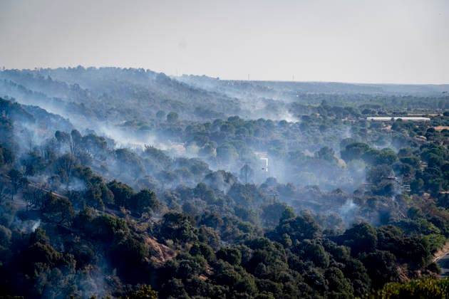 A wildfire in Aldea del Fresno, Madrid, forces the town and Villamantilla to be placed under lockdown. View of the burning landscape, August 19, 2026, in Aldea del Fresno, Madrid, Spain. A new wildfire in the Sierra Oeste region of Madrid, located in Aldea del Fresno at 2:30 p.m., is forcing the lockdown of this town and Villamantilla. The fire has been located at kilometer 52 of the M-510, near Aldea del Fresno. The Community of Madrid has activated Infoma Operational Level 2, and approximately twenty ground crews and five aerial crews from the Community’s fire department are currently working in the area, forest firefighters, and forest rangers. AUGUST 19, 2026 FIRE ALDEA DEL FRESNO FIREFIGHTERS FOREST RANGERS SMOKE ON FOOT Aldea del Fre  Copyright: xA.xPÃ rezxMecax 7721240