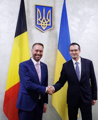 Vice-prime minister and Minister of Foreign Affairs Maxime Prevot shakes hands with Ukrainian Deputy Prime Minister for European and Euro-Atlantic Integration Vsevolod Chentsov during a visit on Wednesday 19 August 2026, part of a visit of the Belgian Foreign Minister to Ukraine .  BENOITxDOPPAGNE 183790962