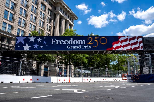 Preparations continue along Pennsylvania Avenue for the Freedom 250 Grand Prix in Washington, DC on Wednesday, August 19, 2026. The Freedom 250 Grand Prix, taking place August 22-23, is the first auto race on the National Mall and features seven turns within a with a 1.66 mile course around Washington s landmarks.  WAP20260819324 BONNIExCASH