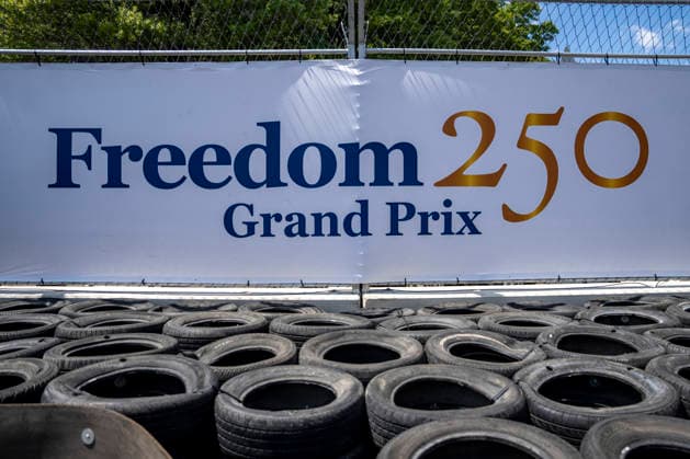 Tires are stacked along the Pennsylvania Avenue as preparations continue for the Freedom 250 Grand Prix in Washington, DC on Wednesday, August 19, 2026. The Freedom 250 Grand Prix, taking place August 22-23, is the first auto race on the National Mall and features seven turns within a with a 1.66 mile course around Washington s landmarks.  WAP20260819325 BONNIExCASH