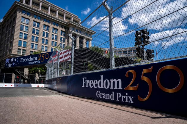 Preparations continue for the Freedom 250 Grand Prix along Pennsylvania Avenue in Washington, DC on Wednesday, August 19, 2026. The Freedom 250 Grand Prix, taking place August 22-23, is the first auto race on the National Mall and features seven turns within a with a 1.66 mile course around Washington s landmarks.  WAP20260819327 BONNIExCASH