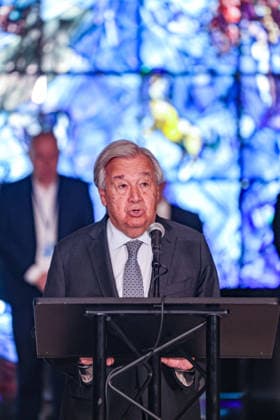 August 19, 2026, New York, New York, United States: Secretary-General ANTONIO GUTERRES speaks in front of the Chagall stained-glass window in the UN Visitors Centre at UNHQ during an observance of World Humanitarian Day and the anniversary of the 19 August 2003 bombing of the UN headquarters at the Canal Hotel in Baghdad, Iraq. In his remarks, Guterres paid tribute to humanitarian workers killed in the line of duty and called for greater protection of humanitarian personnel and accountability for attacks against them. New York United States - ZUMAo116 20260819_znp_o116_011 Copyright: xBiancaxOterox