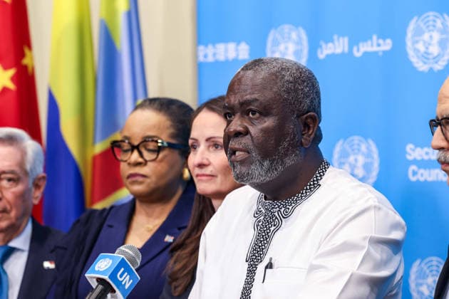 August 19, 2026, New York, New York, United States: Representatives of the elected (E-10) and incoming members of the Security Council attend a joint press encounter on Security Council subsidiary bodies at the Security Council stakeout at UNHQ. Ambassador LEWIS GARSEEDAH BROWN II, Permanent Representative of Liberia to the United Nations, delivered the statement on behalf of the group, joined by incoming Council members Austria, Kyrgyzstan, Portugal, Trinidad and Tobago and Zimbabwe. New York United States - ZUMAo116 20260819_znp_o116_029 Copyright: xBiancaxOterox
