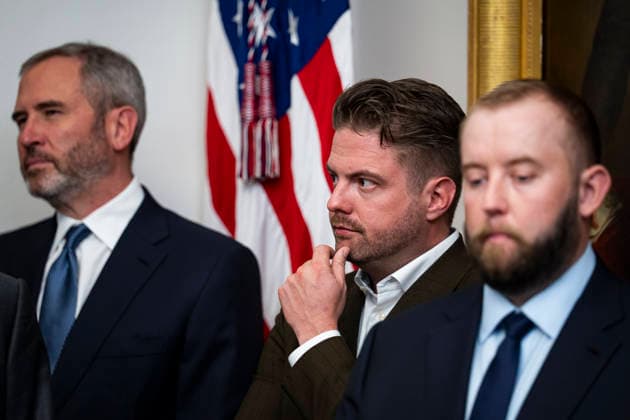 Trump Meets Technology Leaders WASHINGTON, DC - AUGUST 19: Brad Garlinghouse, chief executive officer of Ripple Labs Inc., from left, Peter Smith, co-founder and chief executive officer of Blockchain Ltd., and Sergey Nazarov, co-founder and chief executive officer of Chainlink, during a meeting with US President Donald Trump, not pictured, in the Roosevelt Room of the White House in Washington, DC, US, on Wednesday, Aug. 19, 2026. Credit: CNP AdMedia Washington District of Columbia United States of America EDITORIAL USE ONLY  Copyright: xx CNPx xAdMediax admphotosthree012096