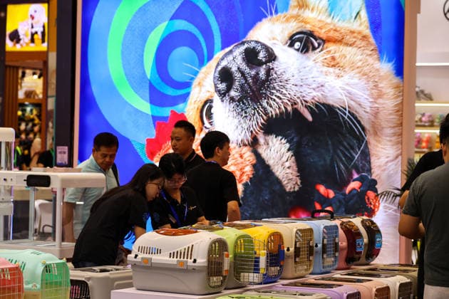 SHANGHAI, CHINA - AUGUST 19: Visitors look at pet supplies and pet houses during the opening of the 28th Asian Pet Exhibition at Shanghai New International Expo Centre on August 19, 2026 in Shanghai, China. The exhibition has upgraded its Asia-Pacific New Product Debut plan to create a major platform for new product launches in the pet industry, featuring over 100 global debuts covering pet food, household items, smart devices, and grooming and medical care.  Copyright: xVCGx 111660914172