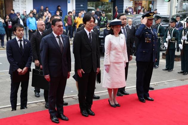 Japan crown prince, crown princess in Paraguay Japan s Crown Prince Fumihito (front row, 2nd from L) and Crown Princess Kiko visit the Pantheon of Heroes in Asuncion on Aug. 19, 2026, during their official trip to Paraguay to mark 90 years of Japanese emigration to the South American country. (Pool photo)  A14AA0005626253P