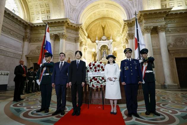 Japan crown prince, crown princess in Paraguay Japan s Crown Prince Fumihito (C, L) and Crown Princess Kiko visit the Pantheon of Heroes in Asuncion on Aug. 19, 2026, during their official trip to Paraguay to mark 90 years of Japanese emigration to the South American country.  A14AA0005626258P