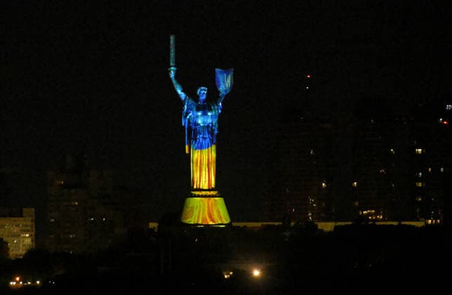 The illumination of the Motherland Monument is tested at night ahead of State Flag Day (August 23) and Independence Day (August 24), Kyiv, Ukraine, August 19, 2026. (Photo by Yevhen Kotenko Ukrinform) Illumination of Motherland Monument in Kyiv tested ahead of Independence Day  Copyright: xYevhenxKotenkox