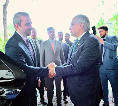 Pakistan Foreign Minister Mohammad Ishaq Dar meets Syrian counterpart in Islamabad ISLAMABAD, PAKISTAN - AUGUST 20: (----EDITORIAL USE ONLY - MANDATORY CREDIT - FOREIGN MINISTRY OF PAKISTAN HANDOUT - NO MARKETING NO ADVERTISING CAMPAIGNS - DISTRIBUTED AS A SERVICE TO CLIENTS----) Pakistan s Deputy Prime Minister and Foreign Minister Mohammad Ishaq Dar welcomes Syrian Foreign Minister Asaad Hassan Al-Shaibani at the Ministry of Foreign Affairs in Islamabad, Pakistan, on August 20, 2026. Marking the first Foreign Minister-level visit between Pakistan and Syria in nearly two decades, the two top diplomats are set to hold one-on-one talks followed by delegation-level meetings to discuss the full spectrum of bilateral relations and explore  Copyright: x2026xAnadoluxForeignxMinistryxofxPakistanx
