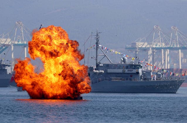 TEKNOFEST Blue Homeland KOCAELI, TURKIYE - AUGUST 20: Smoke and flames rise from the middle of the sea during the military demonstration as part of the TEKNOFEST Blue Homeland at the Golcuk Naval Shipyard Command in Kocaeli, Turkiye, on August 20, 2026. Organized under the main leadership of the Turkish National Defense Ministry and the Turkish Technology Team Foundation (T3 Foundation), with Anadolu as the Global Communication Partner, the event showcases Turkiye s maritime power, defense capabilities, and indigenous technologies. Gathering technology and defense industry enthusiasts around a maritime focus, the festival will welcome visitors through August 23. Ali Atmaca Anadolu Kocaeli Turkey. Editorial use only. Please get in touch fo  Copyright: x2026xAnadoluxAlixAtmacax