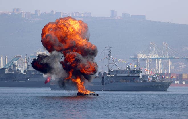 TEKNOFEST Blue Homeland KOCAELI, TURKIYE - AUGUST 20: Smoke and flames rise from the middle of the sea during the military demonstration as part of the TEKNOFEST Blue Homeland at the Golcuk Naval Shipyard Command in Kocaeli, Turkiye, on August 20, 2026. Organized under the main leadership of the Turkish National Defense Ministry and the Turkish Technology Team Foundation (T3 Foundation), with Anadolu as the Global Communication Partner, the event showcases Turkiye s maritime power, defense capabilities, and indigenous technologies. Gathering technology and defense industry enthusiasts around a maritime focus, the festival will welcome visitors through August 23. Ali Atmaca Anadolu Kocaeli Turkey. Editorial use only. Please get in touch fo  Copyright: x2026xAnadoluxAlixAtmacax