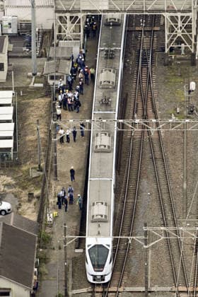 4 workers die after being hit by express train north of Tokyo Photo taken on Aug. 20, 2026, from a Kyodo News helicopter shows a Spacia X express train bound for Tokyo parked at Tobu Nikko Line Shin-Kanuma Station in Kanuma in Tochigi Prefecture, north of Tokyo, after hitting four workers who were on the tracks to remove weeds. The four were taken to a hospital and confirmed dead. None of the crew or passengers was injured.  A14AA0005626324P