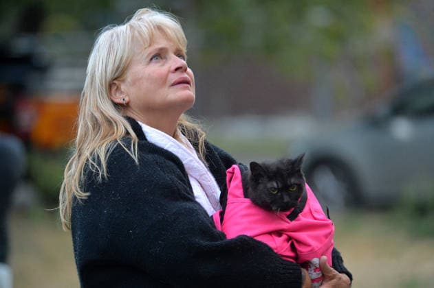 A woman holding a cat in a bag looks up outside an apartment block in the Solomianskyi district, damaged by a Russian missile attack, Kyiv, Ukraine, August 20, 2026. High-rise residential buildings, a children’s hospital, a school, utility and warehouse facilities, garages, and cars were damaged in the district as a result of Russia’s overnight large-scale combined strike on the capital. Power grid infrastructure was also affected, causing an outage. In Kyiv, the attack claimed the lives of at least 13 people, including two children. The Russian military targeted the city with ballistic missiles, Kalibr cruise missiles, Kh-101s, and Zircon hypersonic cruise missiles. (Photo by Oleksandr Klymenko Ukrinform) Aftermath of Russian strike in Sol  Copyright: xOleksandrxKlymenkox