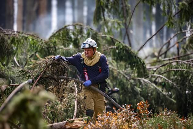 Firefighters continue to work, wetting the soil on the site of the fires in the Hautes Fagnes (High Fens) nature reserve, on Thursday 20 August 2026. The fire started on August 14th and 3000 hectares (on a total of 4500) are impacted.  JULIENxWARNAND 183822000