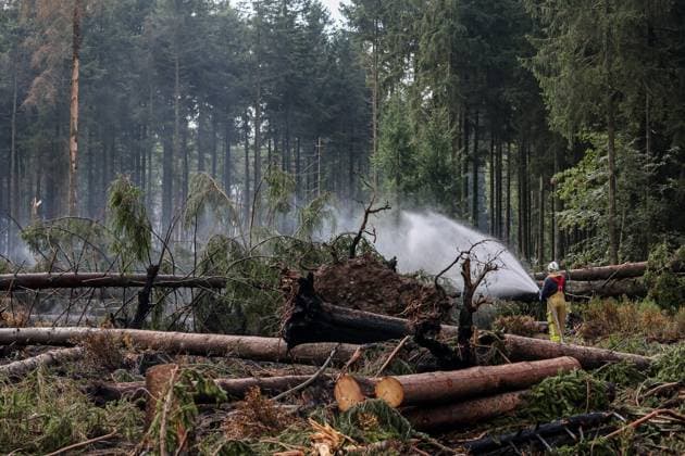 Firefighters continue to work, wetting the soil on the site of the fires in the Hautes Fagnes (High Fens) nature reserve, on Thursday 20 August 2026. The fire started on August 14th and 3000 hectares (on a total of 4500) are impacted.  JULIENxWARNAND 183822651
