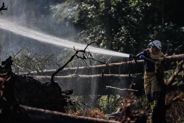 Firefighters continue to work, wetting the soil on the site of the fires in the Hautes Fagnes (High Fens) nature reserve, on Thursday 20 August 2026. The fire started on August 14th and 3000 hectares (on a total of 4500) are impacted.  JULIENxWARNAND 183822660