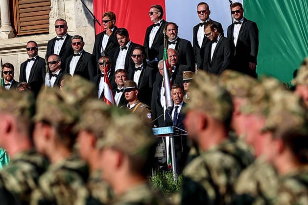 (260820) -- BUDAPEST, Aug. 20, 2026 -- Hungarian Prime Minister Peter Magyar speaks during a flag-raising and military oath-taking ceremony at Kossuth Square in front of the parliament building in Budapest, Hungary, on Aug. 20, 2026. Hungary marks its national day on Thursday with traditional ceremonies, music concerts, and a redesigned evening spectacle in Budapest. (Photo by Xinhua) HUNGARY-BUDAPEST-NATIONAL DAY-CELEBRATION DavidxBalogh 