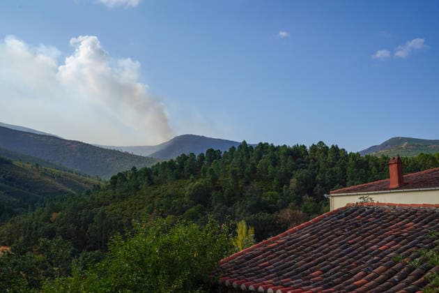 The fire in Pinofranqueado has affected 3,700 hectares and remains at danger level 2. A column of smoke from the fire in Pinofranqueado, as seen from Salamanca on August 20, 2026, in Vegas del Dominigo Rey, Salamanca, Castile and León, Spain. The fire in Pinofranqueado, Cáceres, has now affected 3,700 hectares and remains at danger level 2 under the Infoex Plan. As a result, 11 farmsteads remain evacuated, and the town of Nunomoral remains under lockdown. AUGUST 20, 2026 Manuel Á Spain  Copyright: xManuelxÃngelxLayax 7722548