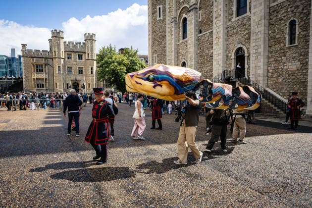 Imagining Animals at the Tower of London, London, UK 20 August 2026 Performers in animal costumes interact with visitors during Imagining Animals at the Tower of London, London, UK, on 20 August 2026. The performance, commissioned and produced by Historic Royal Palaces and created by artistic directors Mervyn Millar and Suzy Willson, uses puppetry, music and movement to reimagine the Tower s history as home to a Royal Menagerie for over 600 years, running until 31 August 2026., Credit:PETE SPELLER Avalon  Copyright: xPETExSPELLERx xAvalonx 1126341260