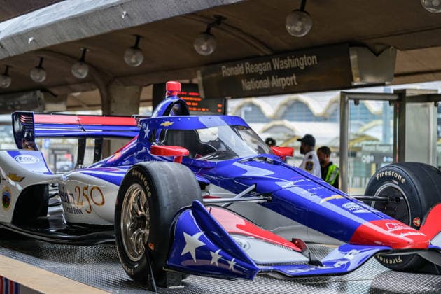 August 20, 2026, Arlington, Virginia, United States: A Freedom 250 Grand Prix IndyCar is seen aboard a Metro train during a stop at Ronald Reagan Washington National Airport ahead of the race in Washington. Arlington United States - ZUMAk206 20260820_znp_k206_001 Copyright: xMattxKaminskyx